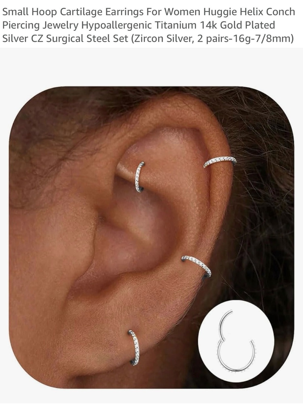 Small Silver Hoop Cartilage Earrings - Hypoallergenic CZ Huggie Set